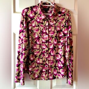 Lane Bryant Purple Green Brown Abstract Floral Poly Knit Button Up Blouse 14 16